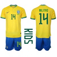 Brazília Eder Militao #14 Domáci Detský futbalový dres MS 2022 Krátky Rukáv (+ trenírky)